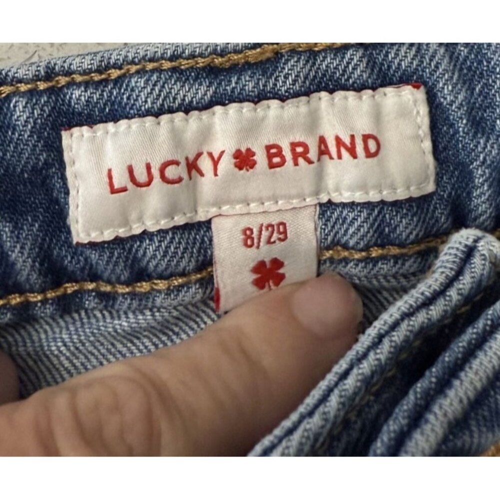 Lucky Brand Womens Denim Midi Skirt 8/29 Blue Front Back Slit Casual Whiskering - Picture 5 of 9